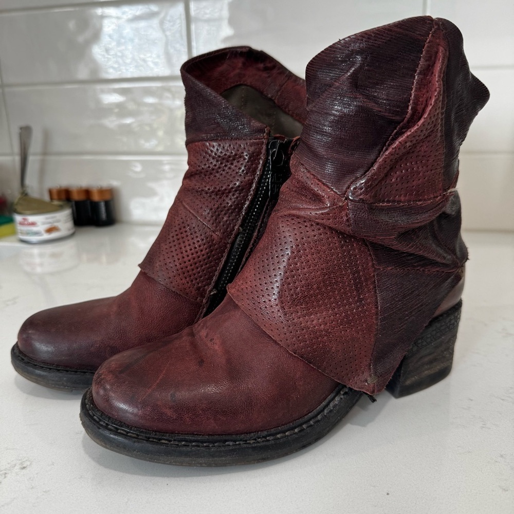 AS98 Burgundy Patchwork Leather Foldover Ankle Boots EU 36/US 6 - Picture 3 of 9